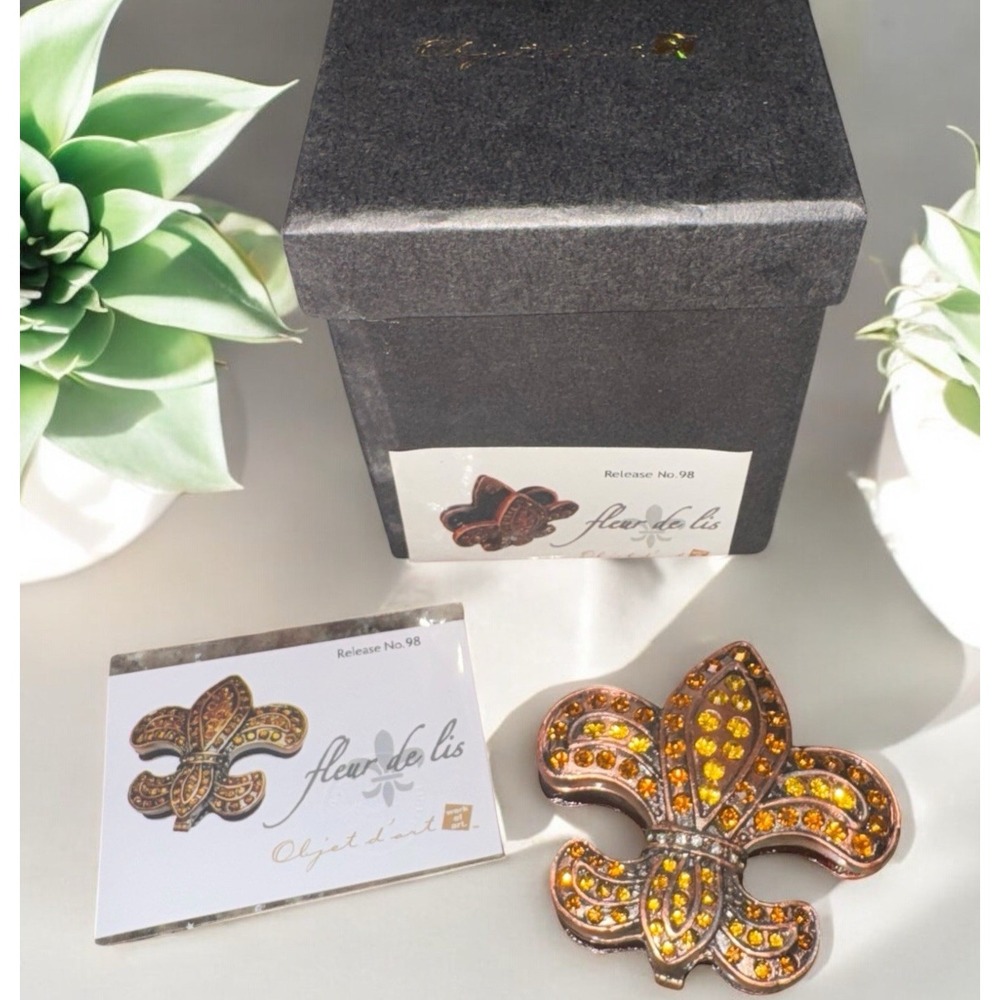 Objet D'Art #198 FLEUR DE LIS Bronze Gold Blinged Hinged Trinket Box‎
